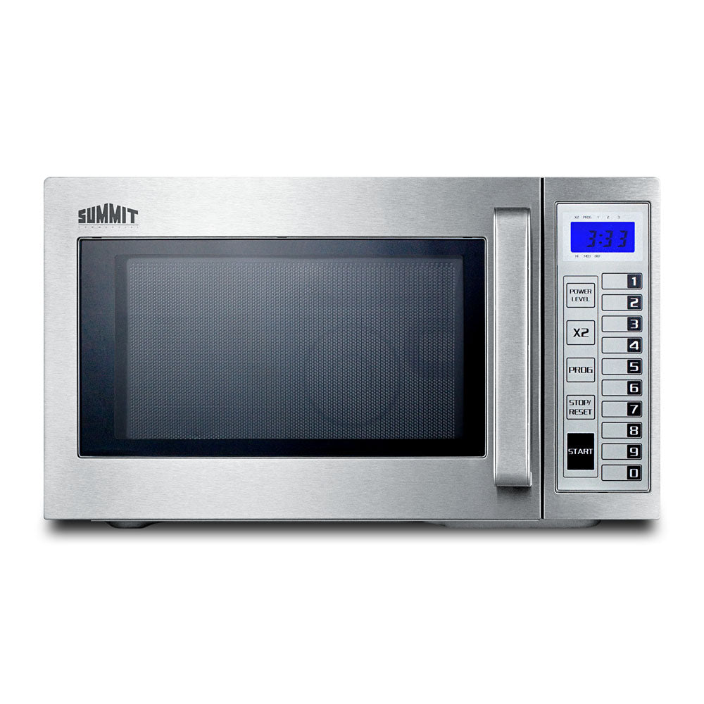 Stainless steel countertop microwave with digital display and keypad controls in kitchen and appliances collection