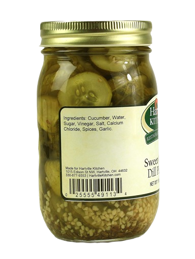 Glass jar of sweet garlic dill pickles with gold lid, part of Fruits & Vegetables collection under $50 by Hartville Kitchen