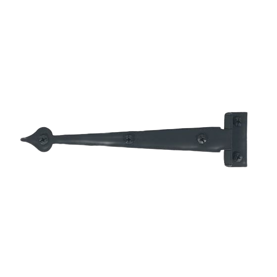 Smooth black metal cabinet strap hinge with heart-shaped end and three mounting screws for home improvement projects