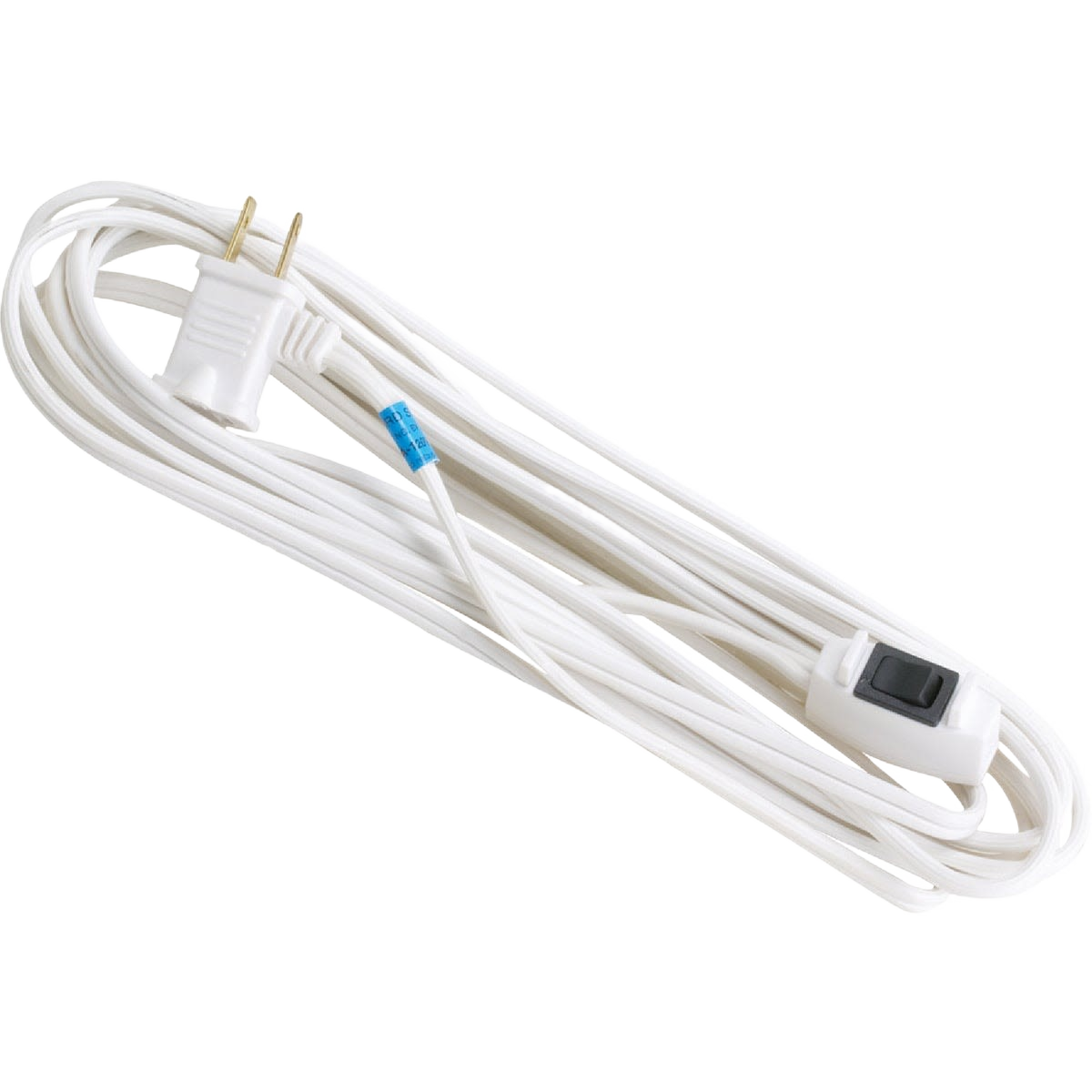 White 15-foot extension cord with inline switch and grounded plug for tools and home improvement tasks