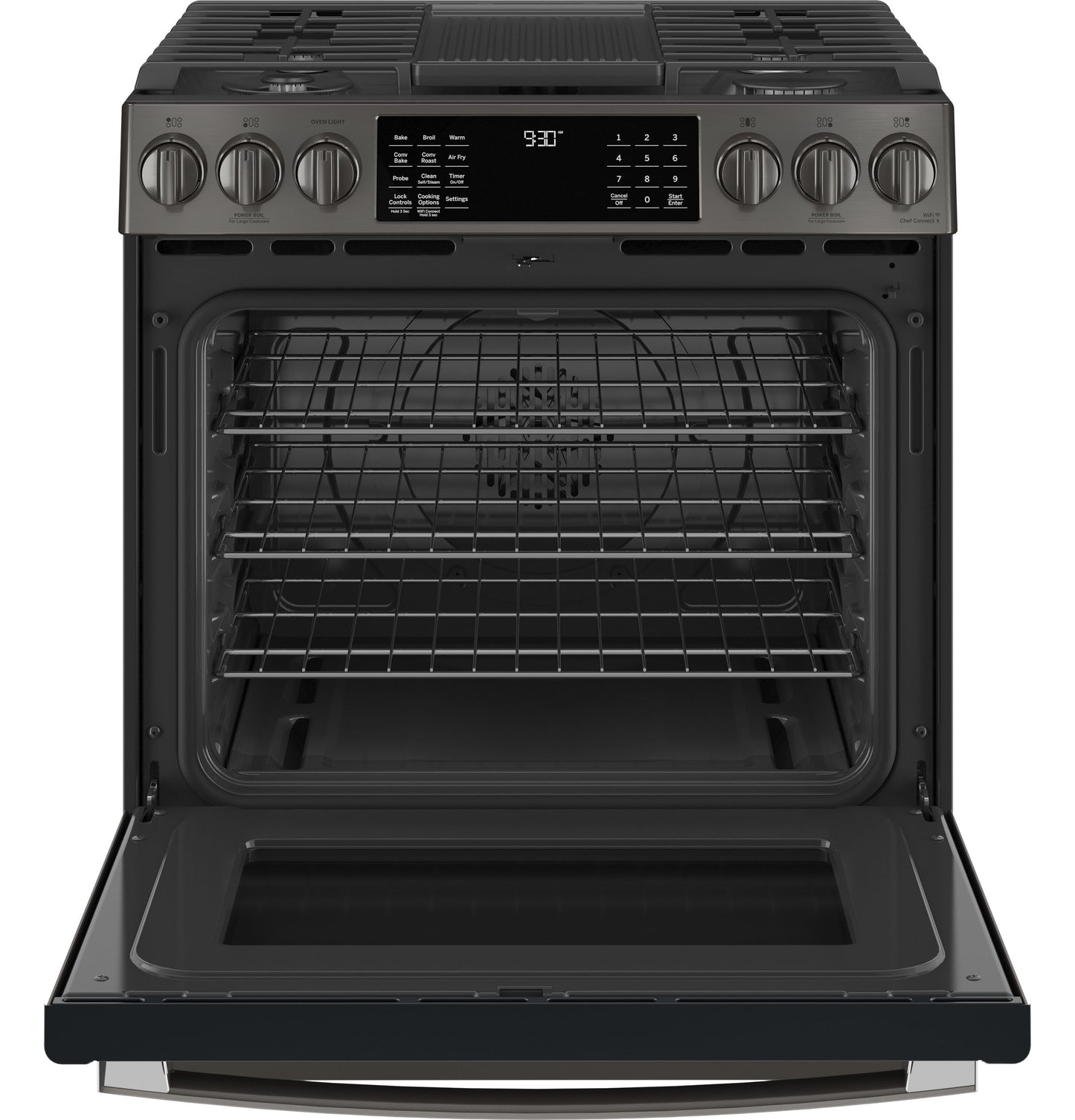 Dark stainless steel smart slide-in gas range with front controls, digital display, and open oven from Ranges collection