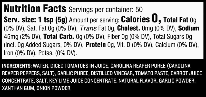 Nutrition facts label showing ingredients and zero calories per serving for hot barbeque sauce with Carolina Reaper and garlic.