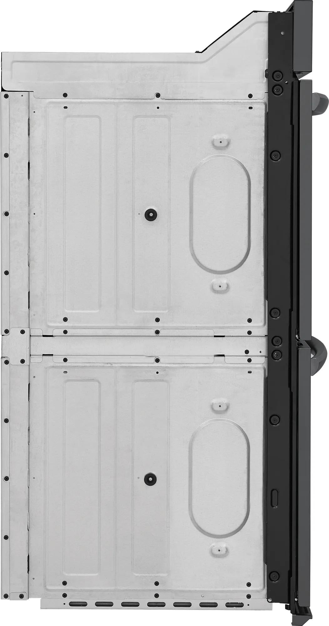 Side view of metal double electric wall oven unit showing structural panels and black trim in Appliances collection