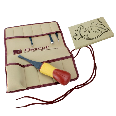 Woodworking carving set with four precision blades, quick connect handle, and leaf carving project in a protective canvas roll-up case