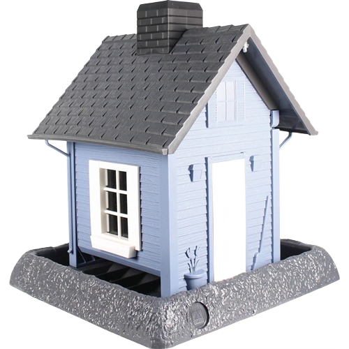 Blue miniature cottage-style bird house with gray shingled roof and textured base for outdoor use