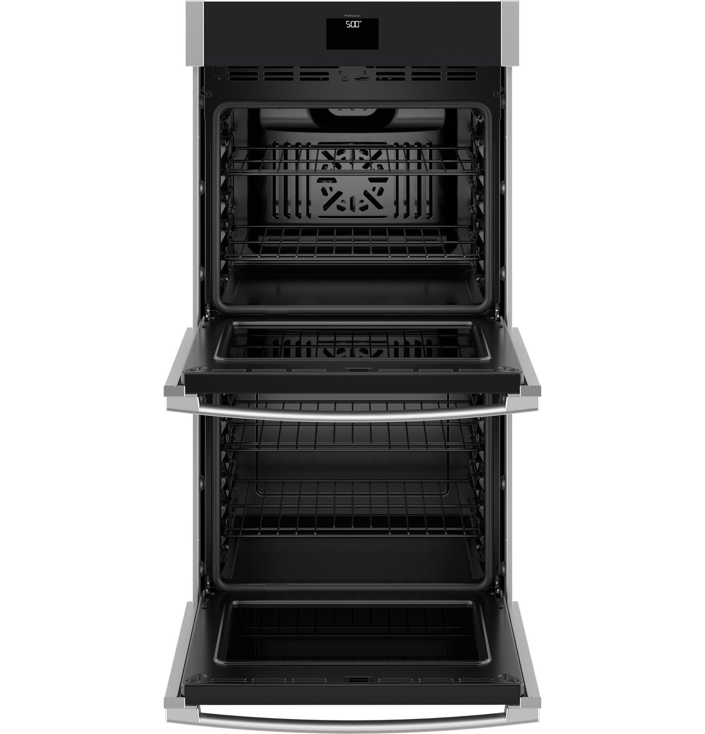 Open double wall oven with convection racks and digital control panel, part of kitchen appliances and wall ovens collection