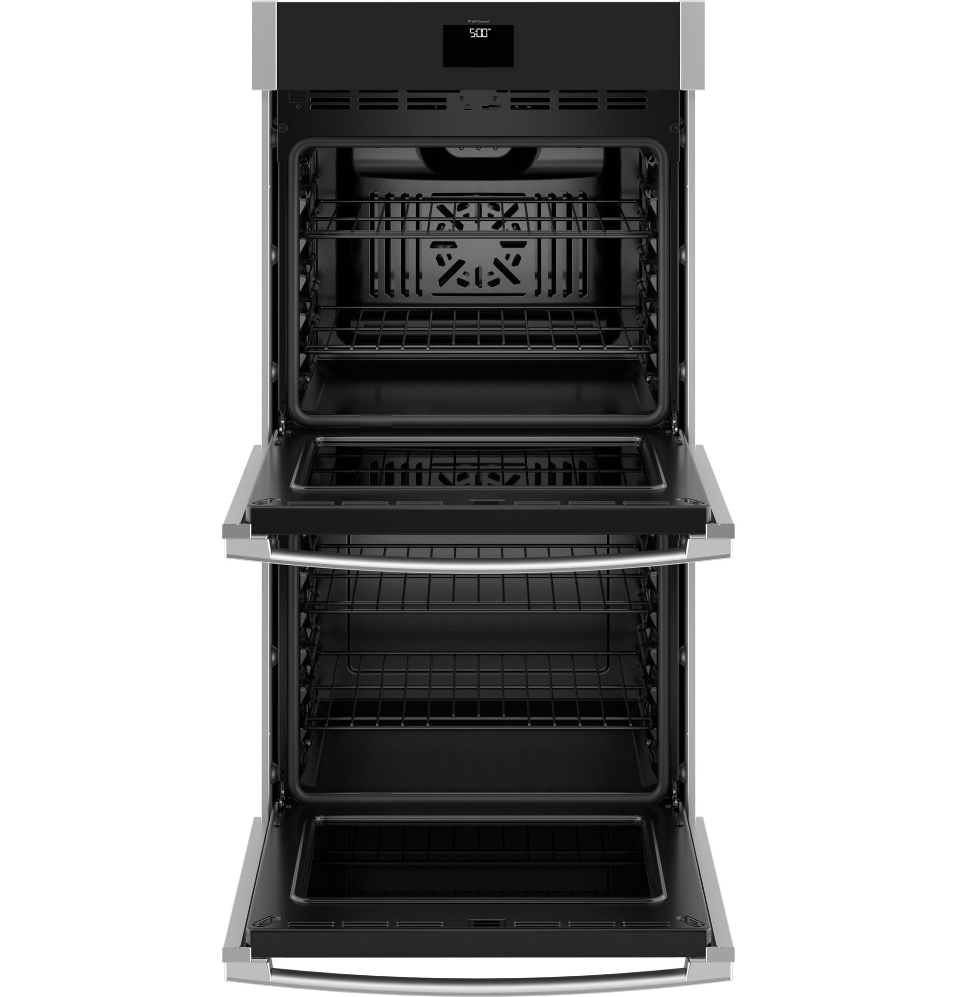 Open double wall oven with convection racks and digital control panel, part of kitchen appliances and wall ovens collection