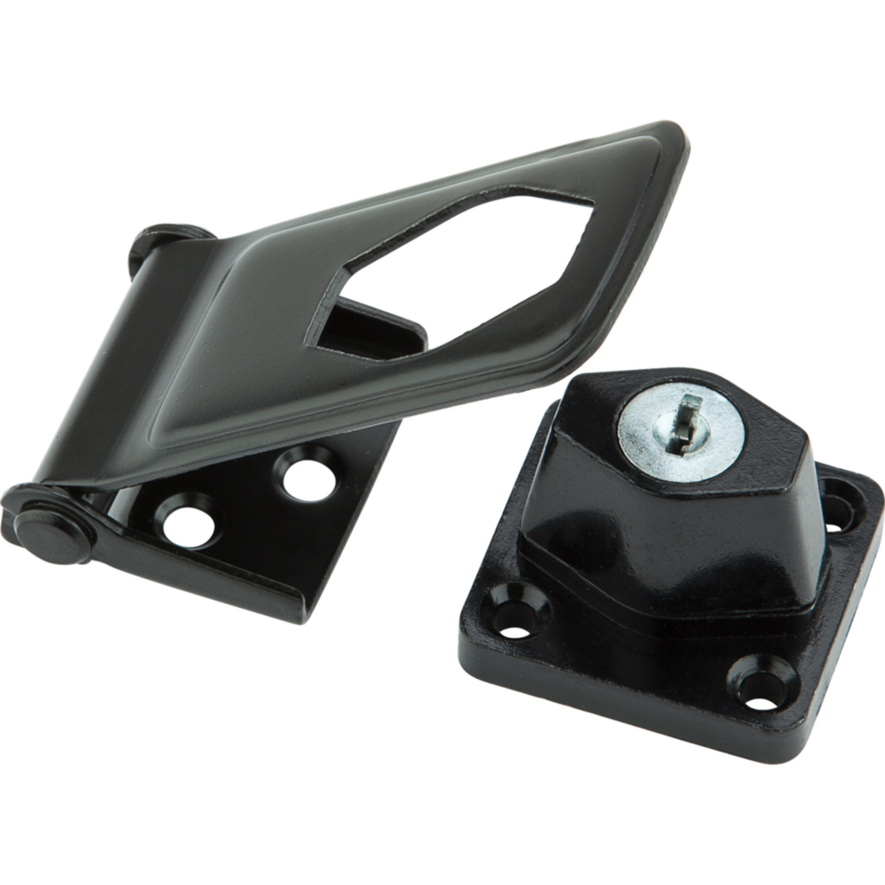 Matte black key locking hasp with durable WeatherGuard finish for door accessories and hardware collections under $50