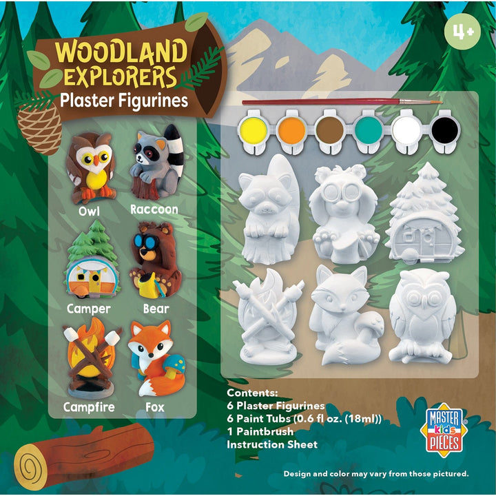 Unpainted plaster figurine set including woodland animals and camping scenes with paint pots and brush for creative crafting
