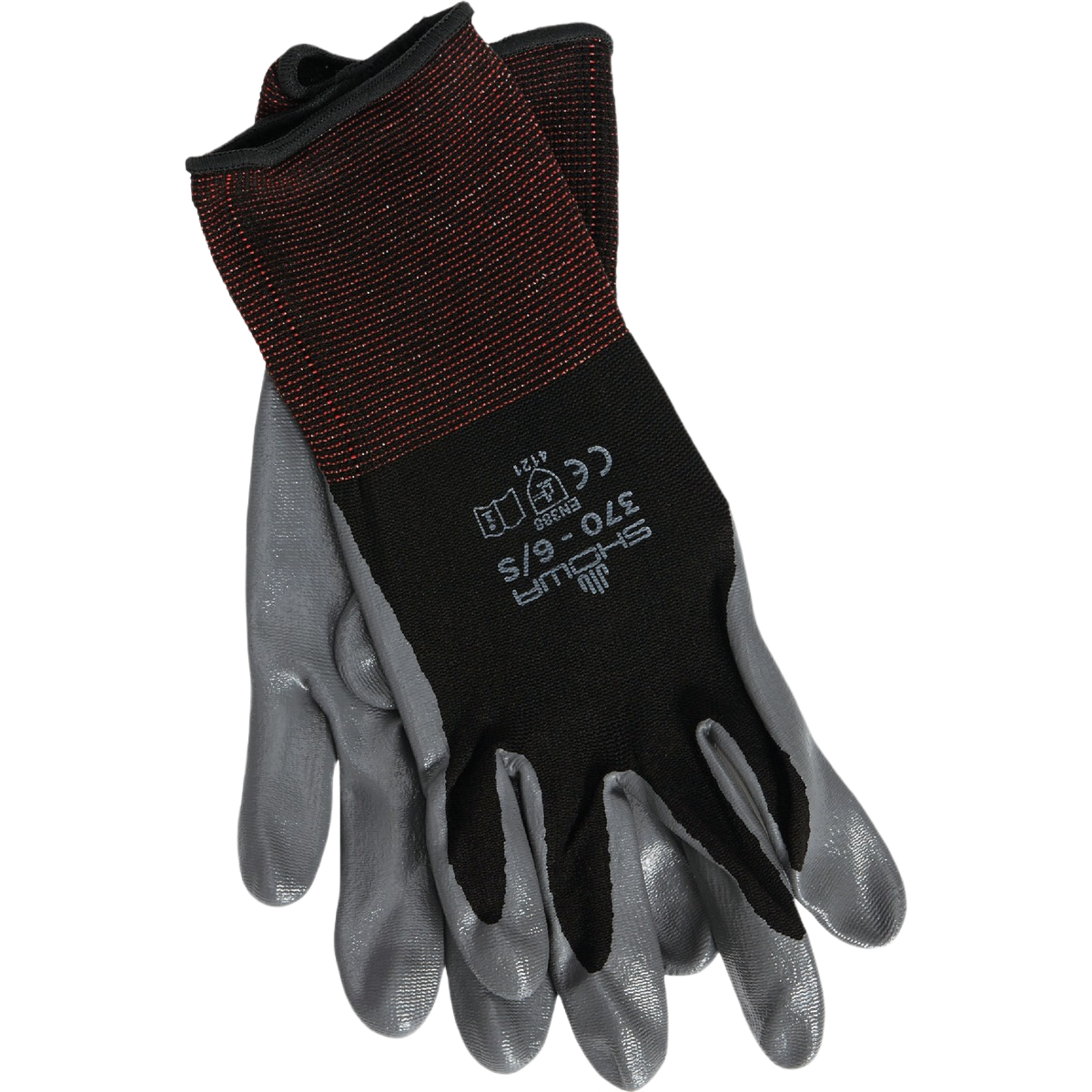 Pair of small outdoor work gloves with nitrile coating and breathable knit liners for safety and hardware use