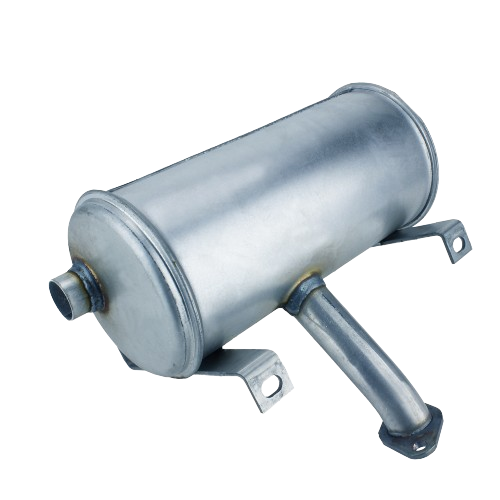 Silver metal muffler with mounting brackets for automotive and John Deere engine replacement parts and accessories