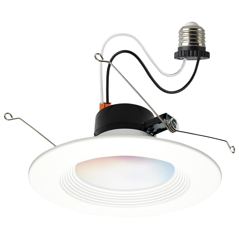 Round smart LED downlight retrofit with white trim and metal spring clips for lighting and electrical use under $50 category