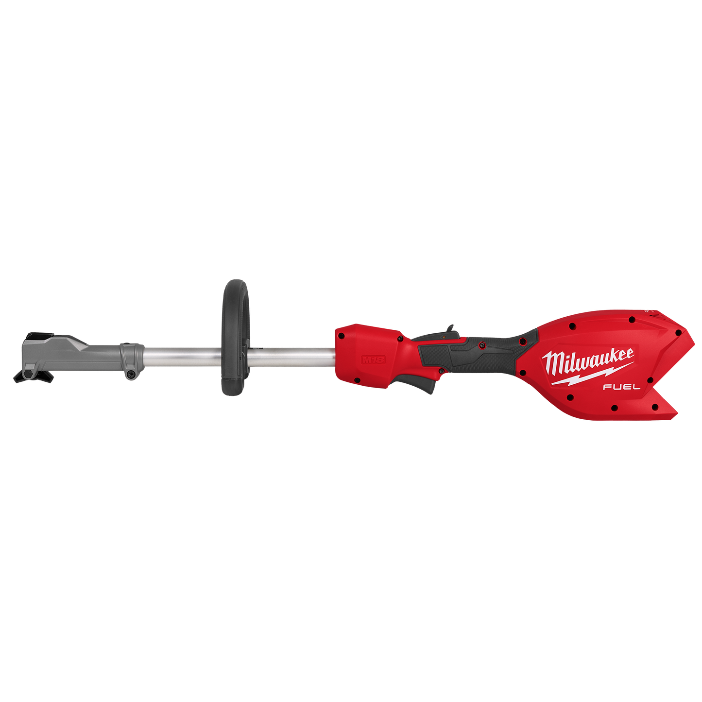 Red and black cordless power head attachment with QUIK-LOK system for outdoor power tools and lawn care equipment