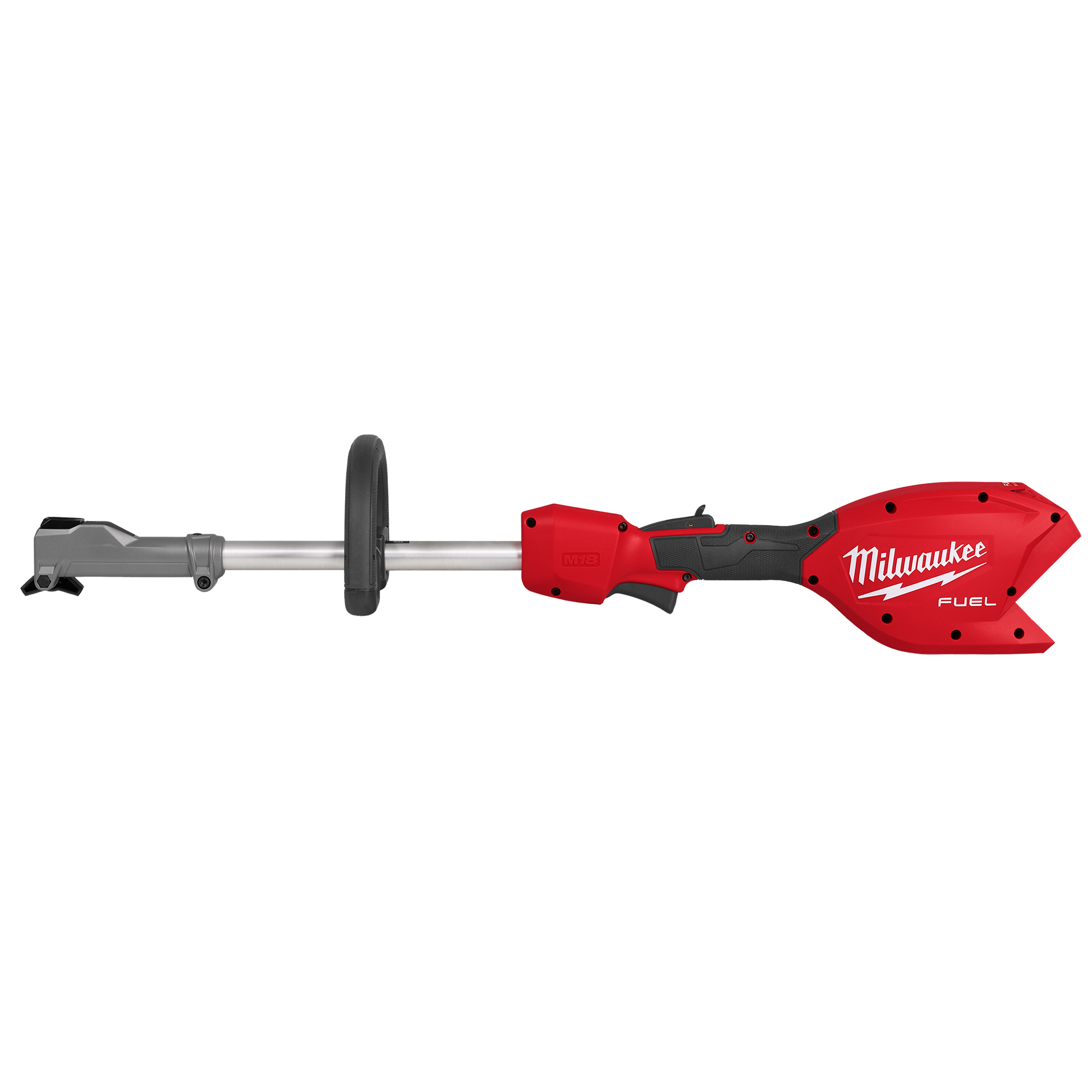 Red and black cordless power head attachment with QUIK-LOK system for outdoor power tools and lawn care equipment