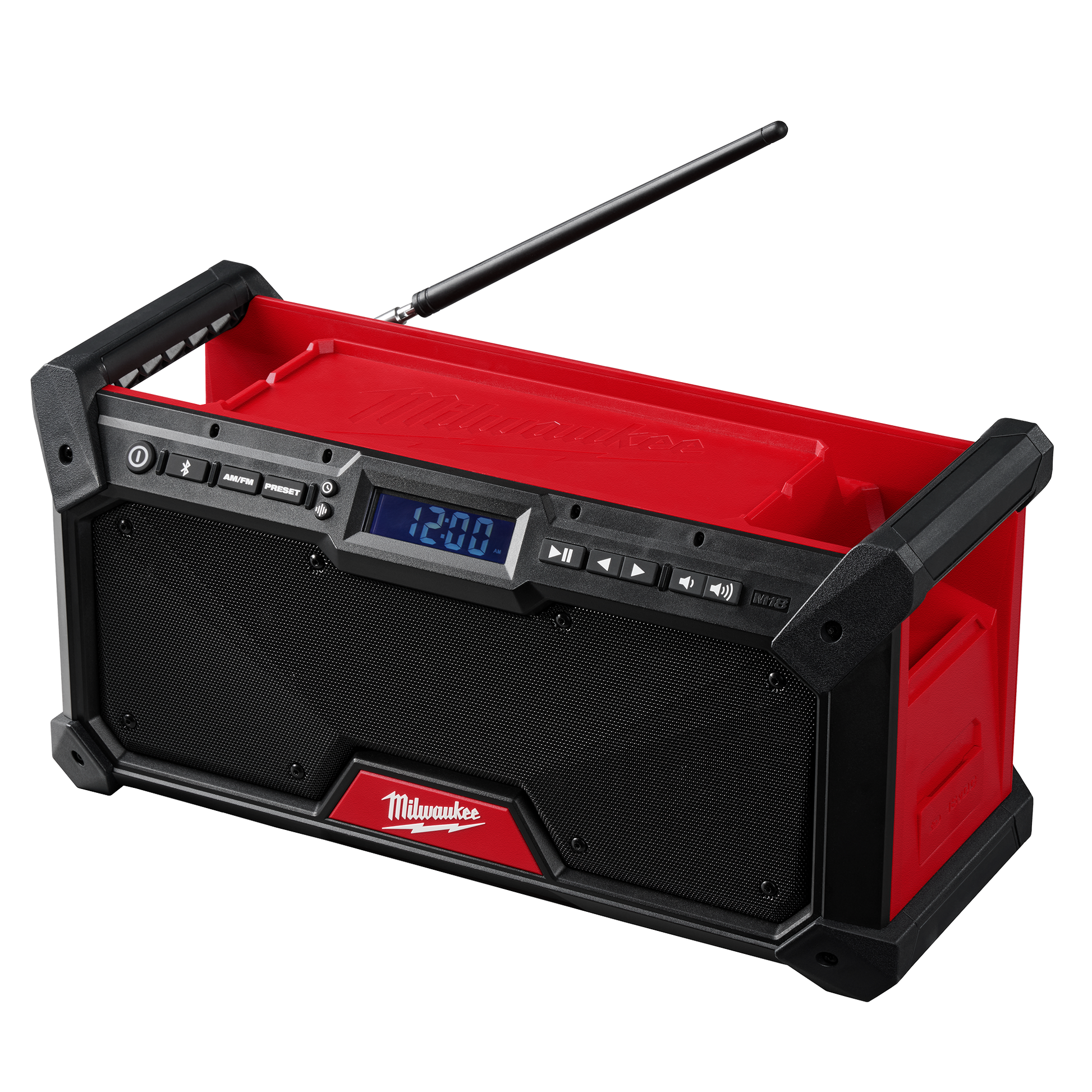 Red and black cordless jobsite radio with Bluetooth and digital clock display for tools and home improvement use