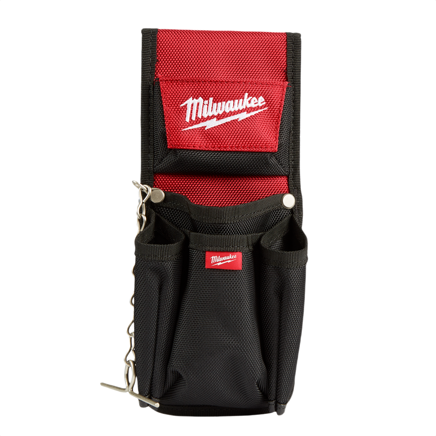 Compact red and black utility pouch with multiple pockets and metal clip for tools and home improvement use