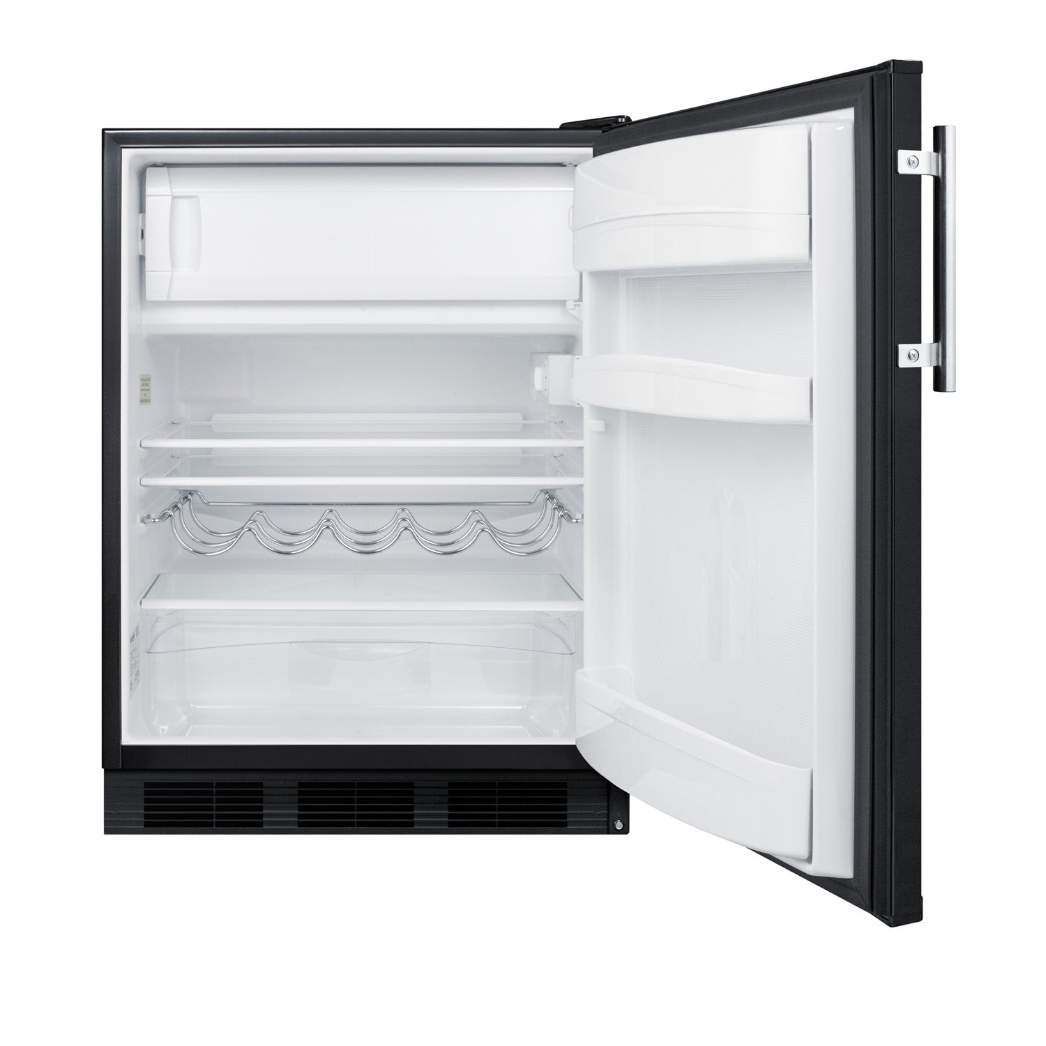 Open 24" wide undercounter refrigerator-freezer with black exterior and multiple interior shelves for kitchen appliances collection