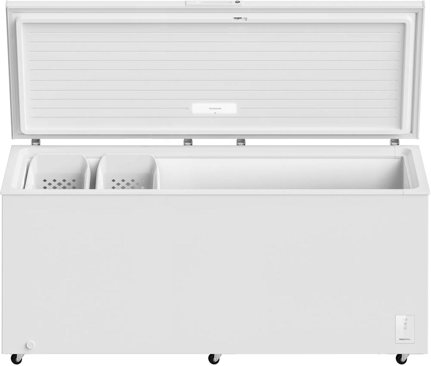 White chest freezer with open lid showing spacious interior and removable baskets, suitable for Freezers & Ice Makers and Chest Freezers collections