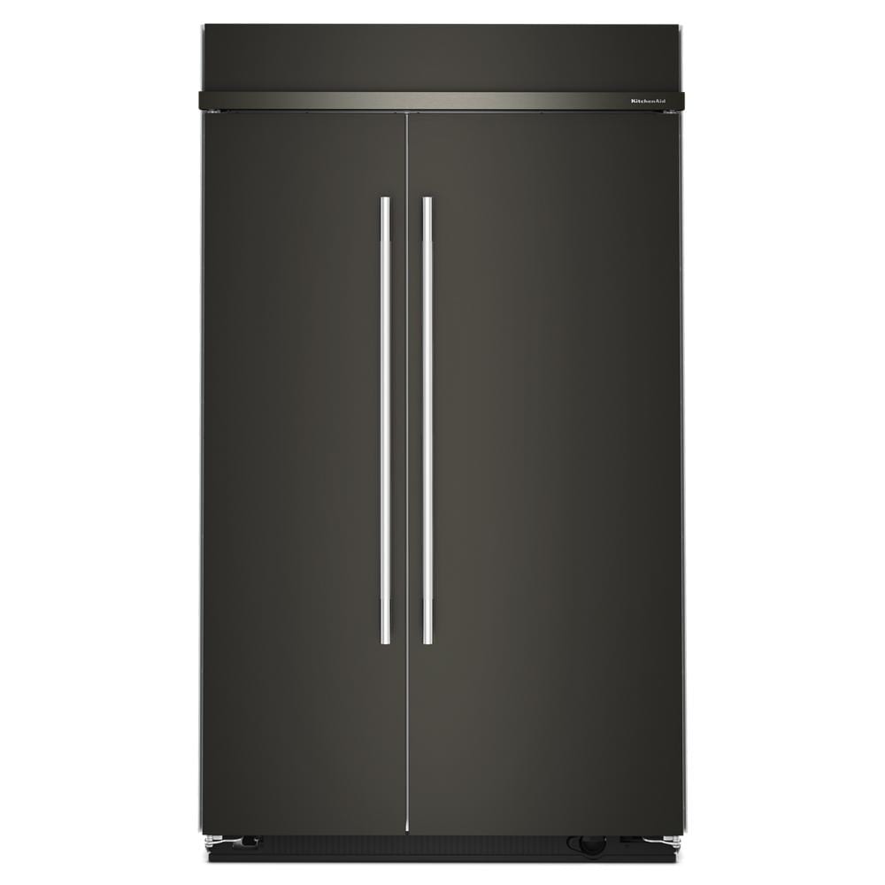 Built-in 48-inch side-by-side refrigerator in dark finish with long vertical handles, part of KitchenAid Refrigerators collection