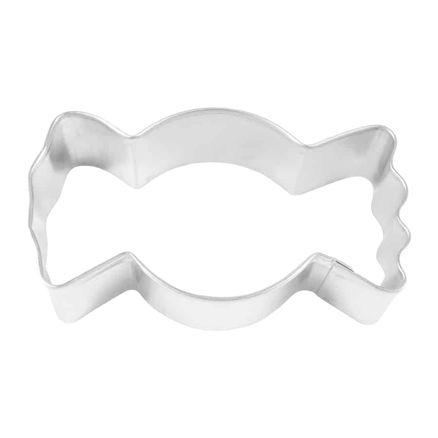 Metal cookie cutter shaped like a wrapped candy for baking and decorating cookies in home kitchens