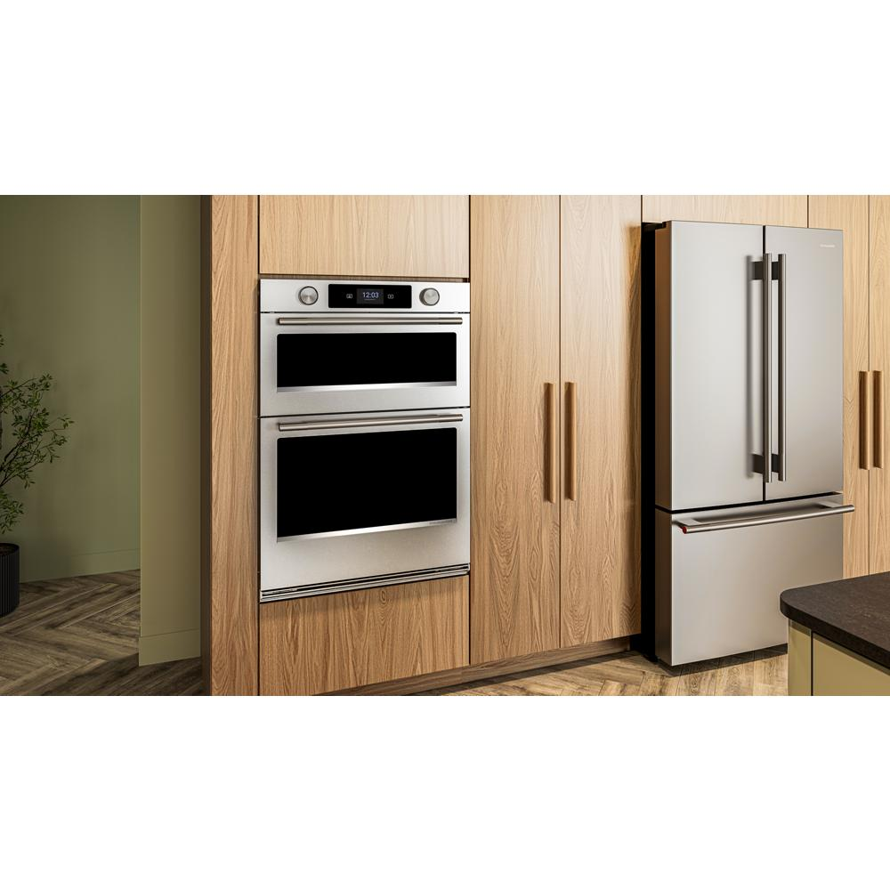 Built-in 27-inch smart electric combo wall oven with LED controls and PrintShield™ finish in wood cabinetry kitchen setting