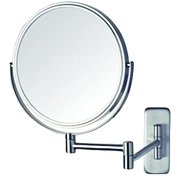 Nickel-finished wall mount magnifying mirror with double-sided design and adjustable arm for home improvement use
