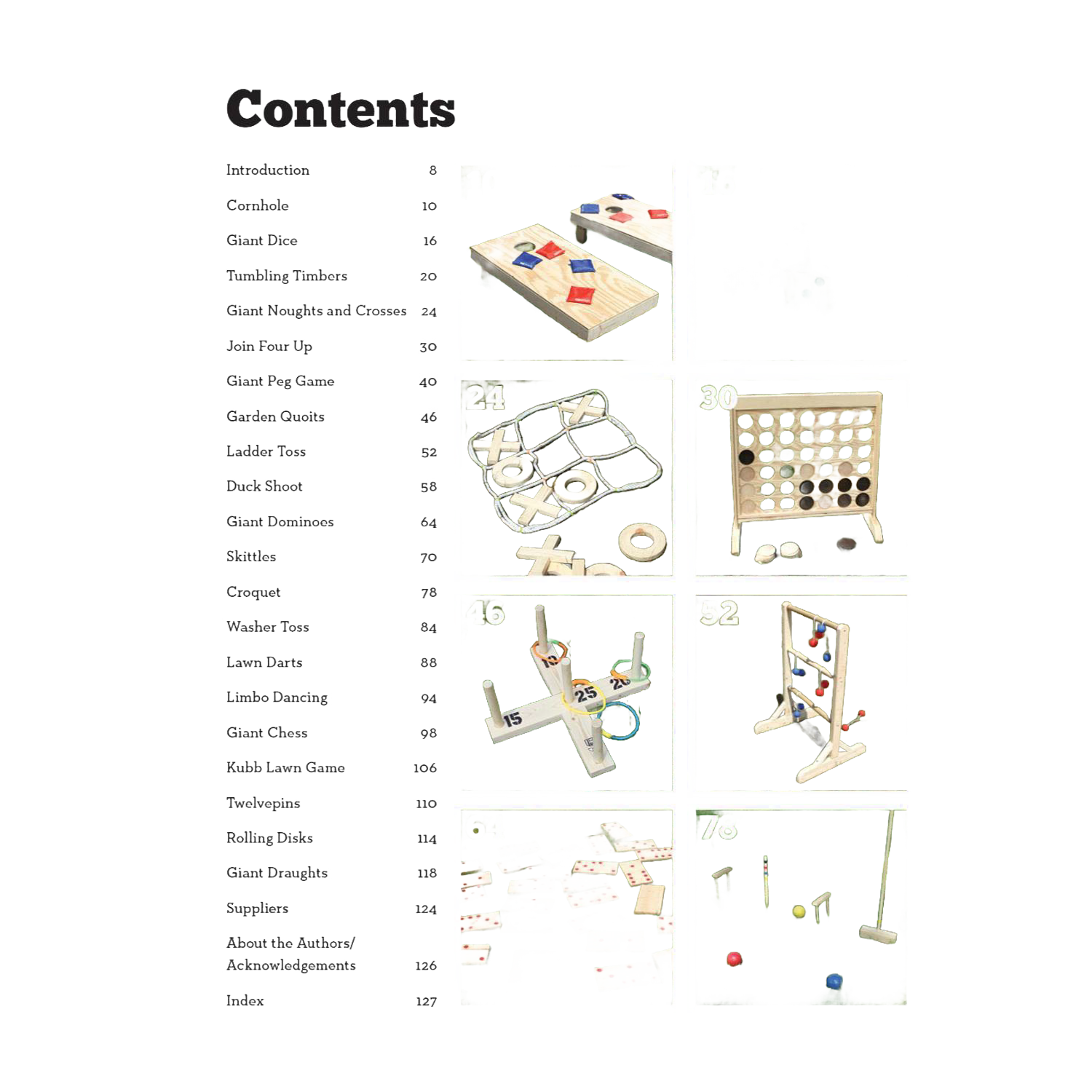 Collage of woodworking outdoor game projects with boards, pieces, and setups featured in a how-to book collection.