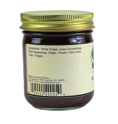 Jar of red raspberry spread with ingredients label showing natural fruit sweetening in Jams & Jellies collection