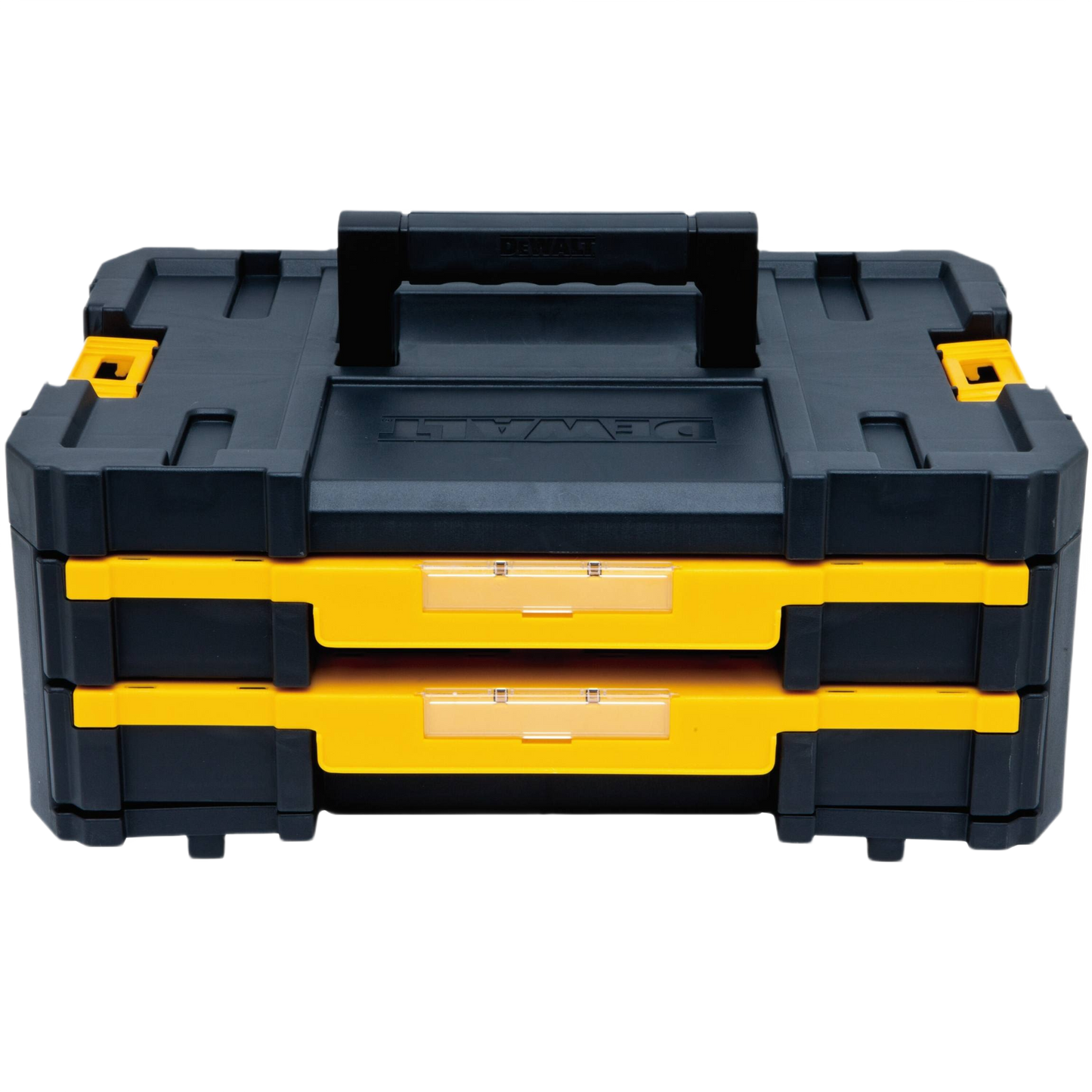 Compact black and yellow storage unit with dual shallow drawers and sturdy top handle for workshop organization and tool storage