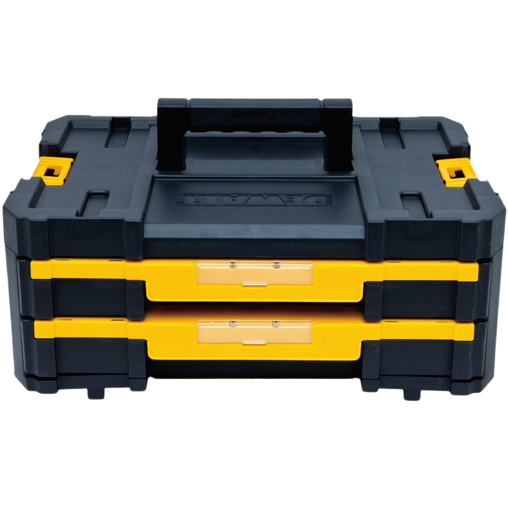 Compact black and yellow storage unit with dual shallow drawers and sturdy top handle for workshop organization and tool storage