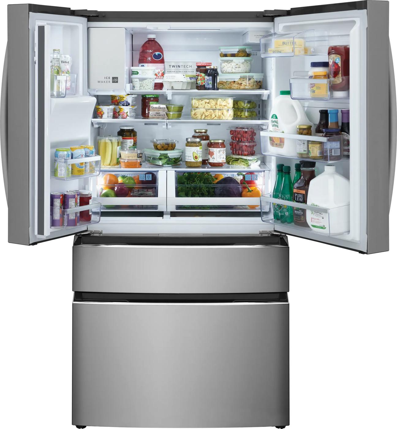 Open stainless steel 4-door French door refrigerator with organized fresh food and beverage storage in kitchen appliance setting