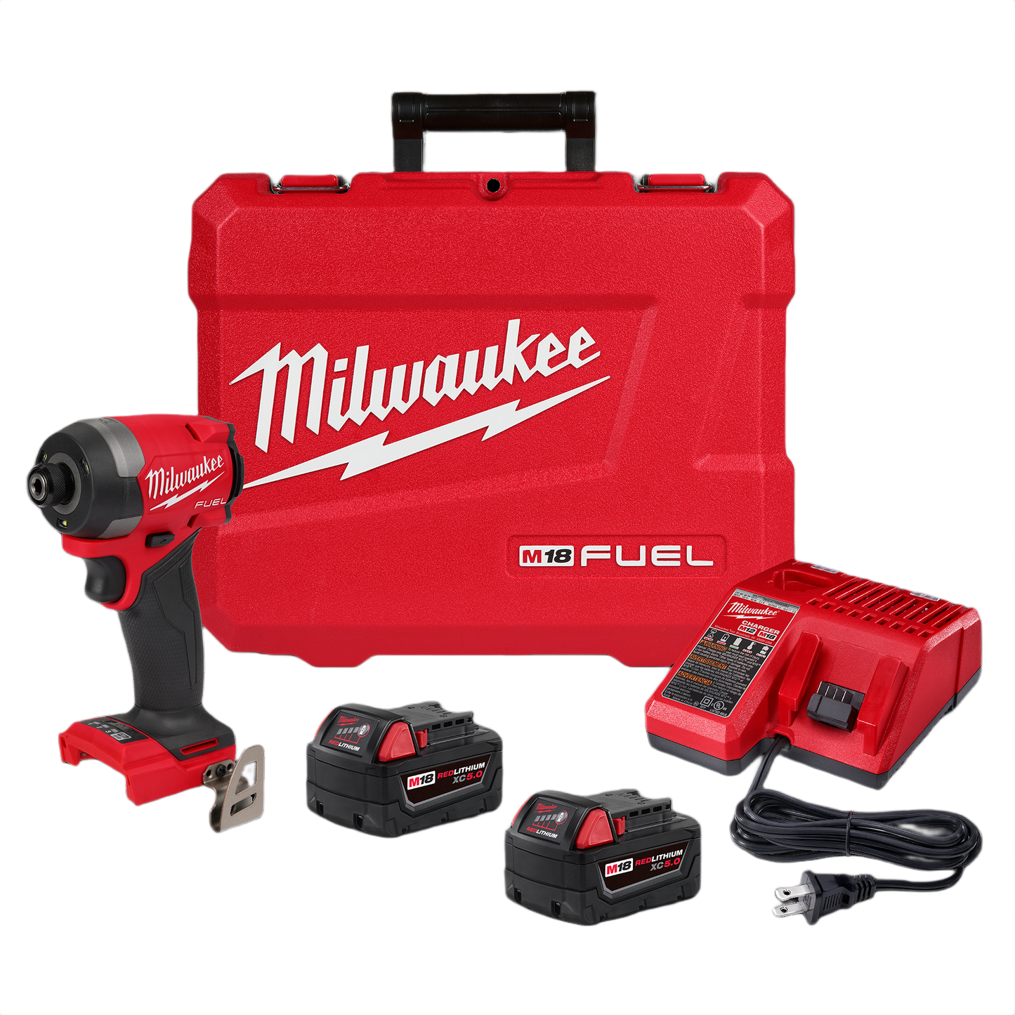 Red impact driver kit with two batteries, charger, and branded carrying case for professional home improvement tasks
