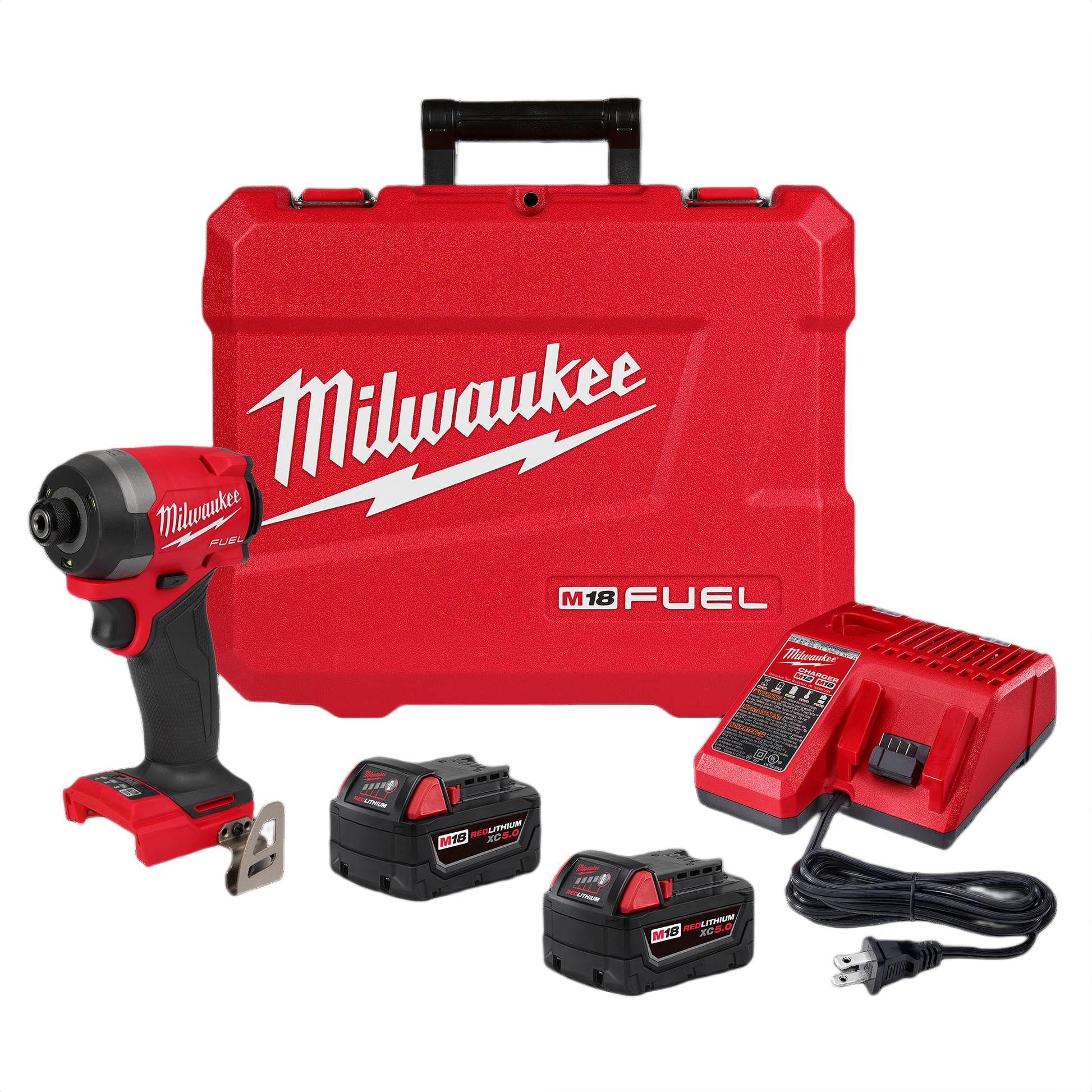 Red impact driver kit with two batteries, charger, and branded carrying case for professional home improvement tasks