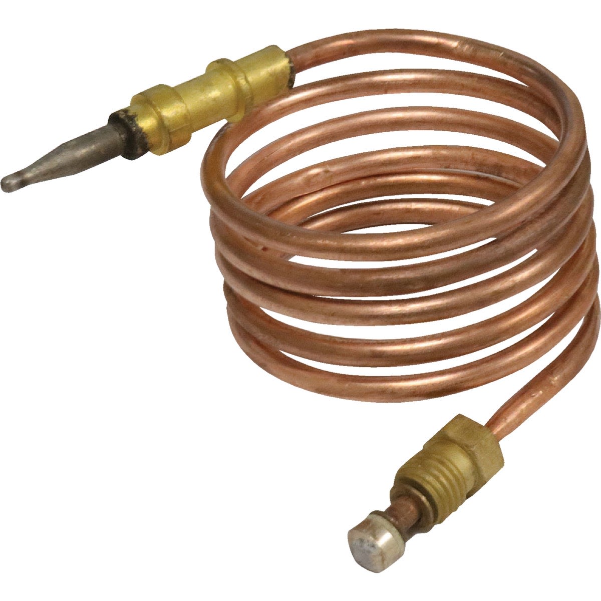 Coiled copper thermocouple sensor with brass fittings designed for tools and home improvement use
