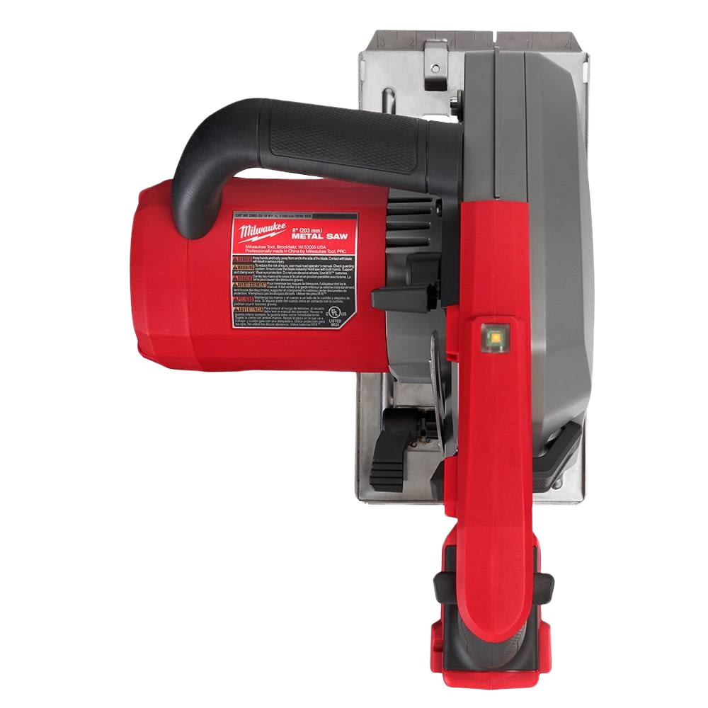 Top-down view of a red and gray Milwaukee M18 FUEL metal cutting circular saw in power tools collection
