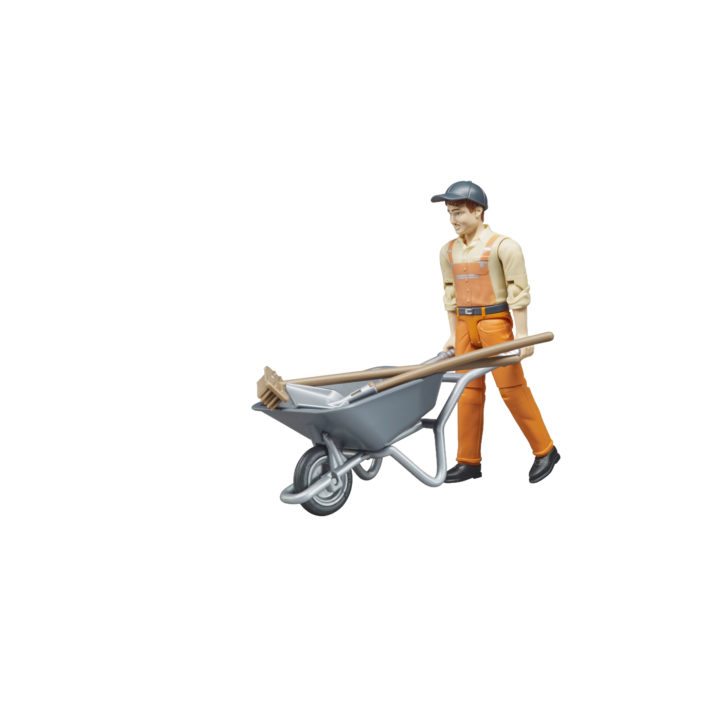 Plastic figure of municipal worker in orange overalls pushing a gray wheelbarrow for Bruder Toys under $50 collection