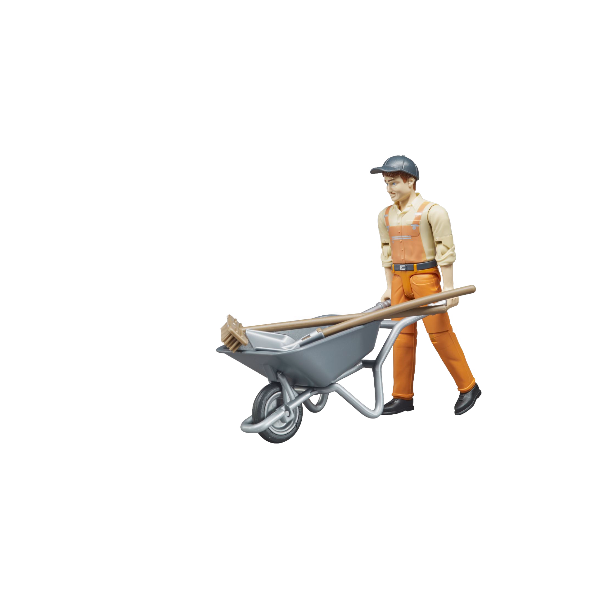 Plastic figure of municipal worker in orange overalls pushing a gray wheelbarrow for Bruder Toys under $50 collection
