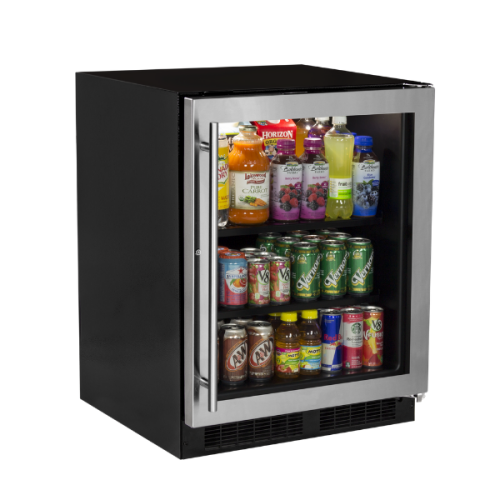 Built-in low profile beverage refrigerator with glass door and stainless steel frame storing assorted drinks from appliances collection