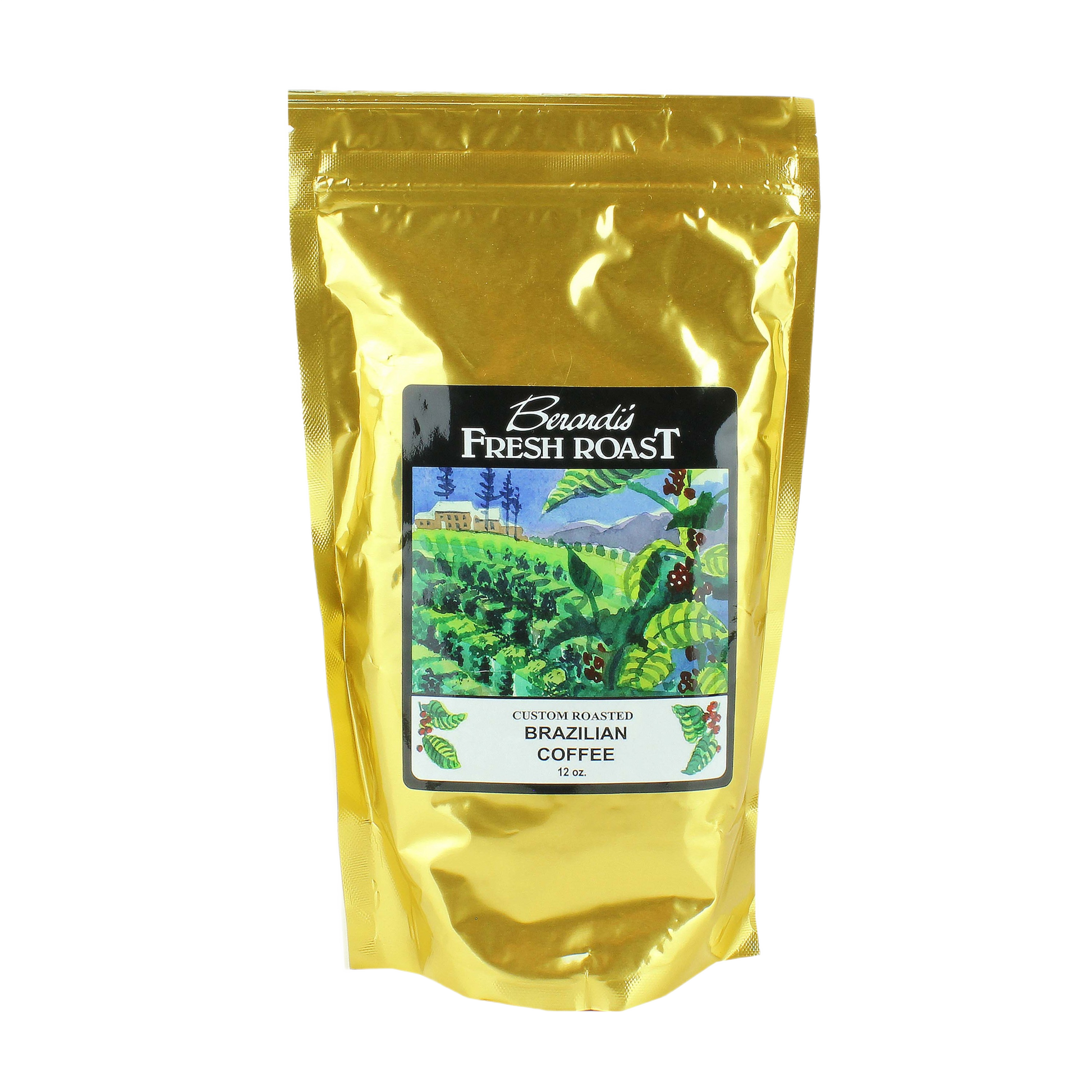 Gold-colored resealable bag of Brazilian coffee with illustrated label showing a coffee plantation and mountains