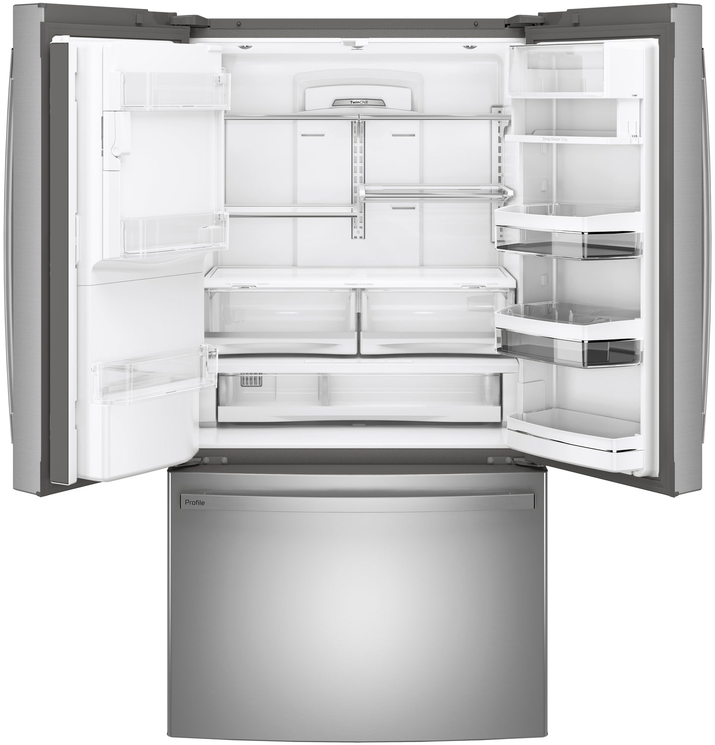 Open stainless steel French-door refrigerator showing spacious interior with adjustable shelves and clear door bins from Refrigerators collection