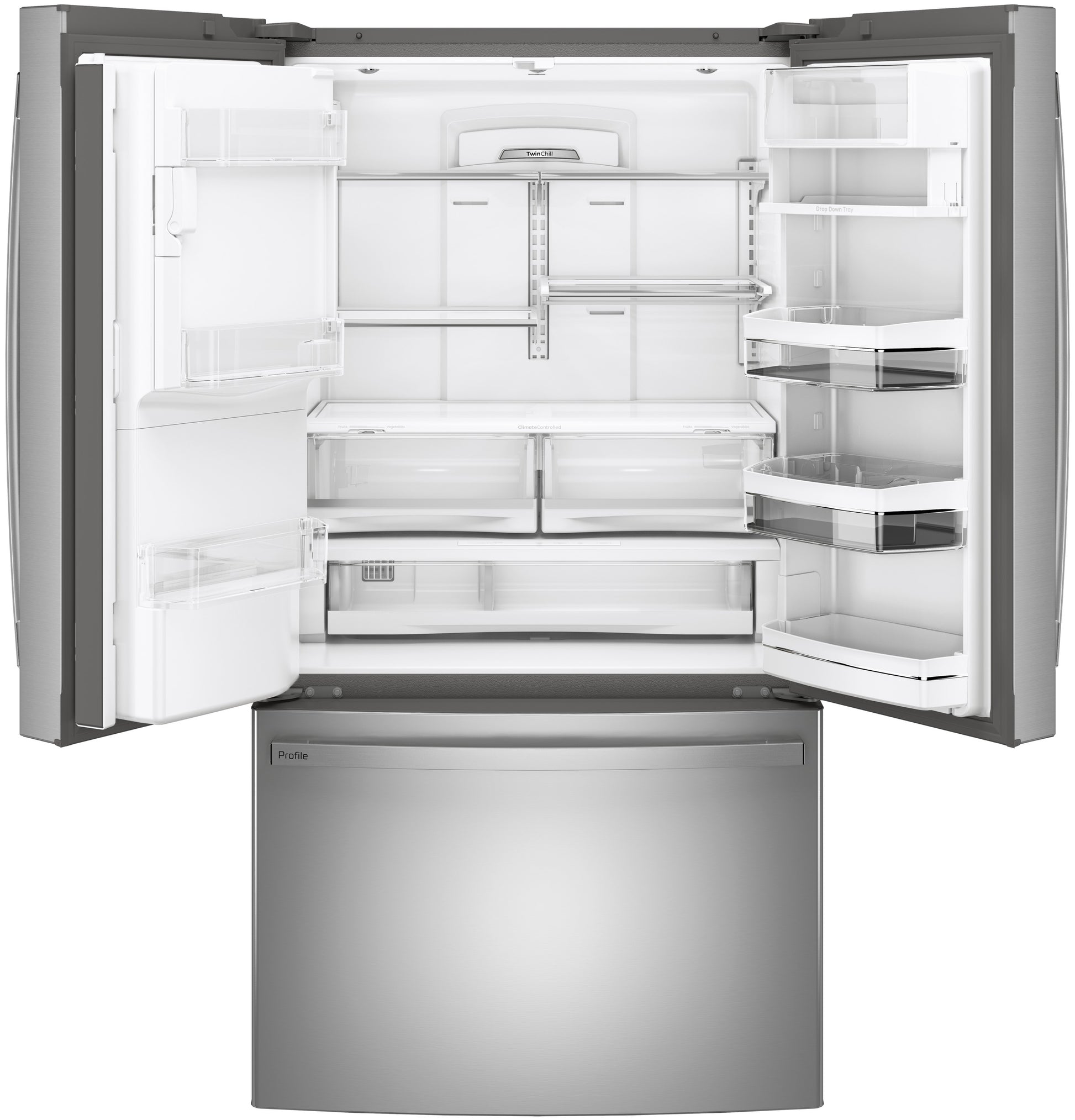 Open stainless steel French-door refrigerator showing spacious interior with adjustable shelves and clear door bins from Refrigerators collection