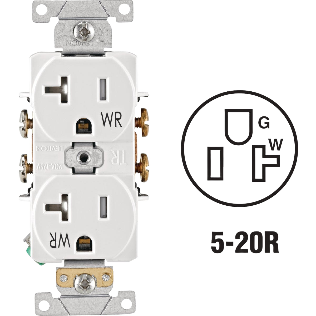 White commercial grade tamper resistant duplex outlet with weather resistant design for electrical and home improvement use