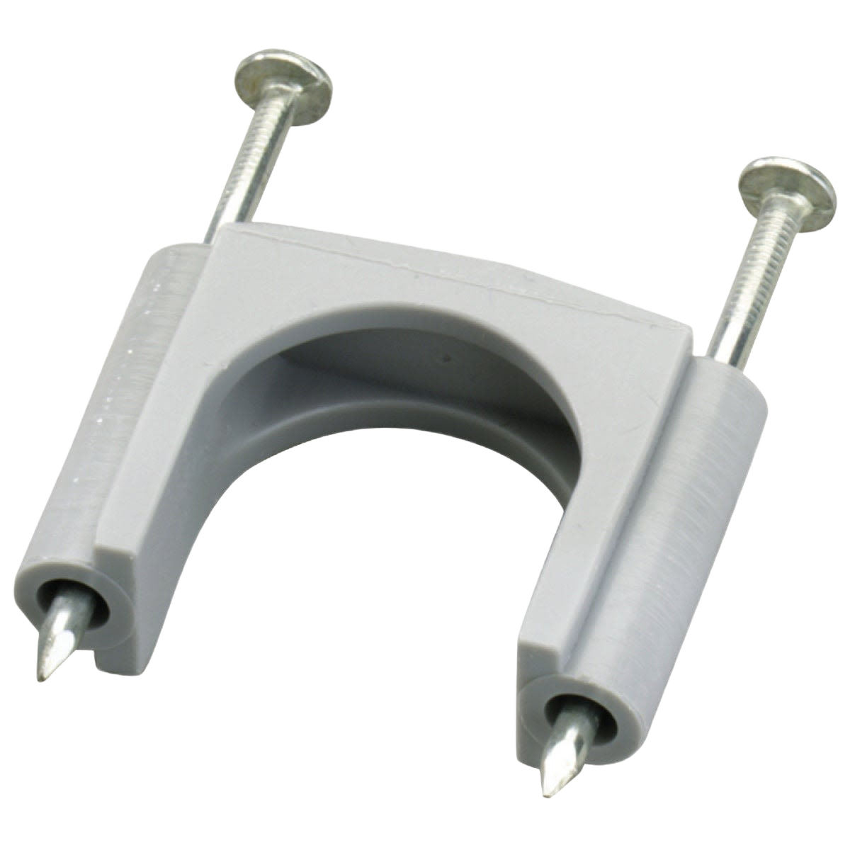Gray plastic cable strap with two metal nails for securing wire in home improvement projects