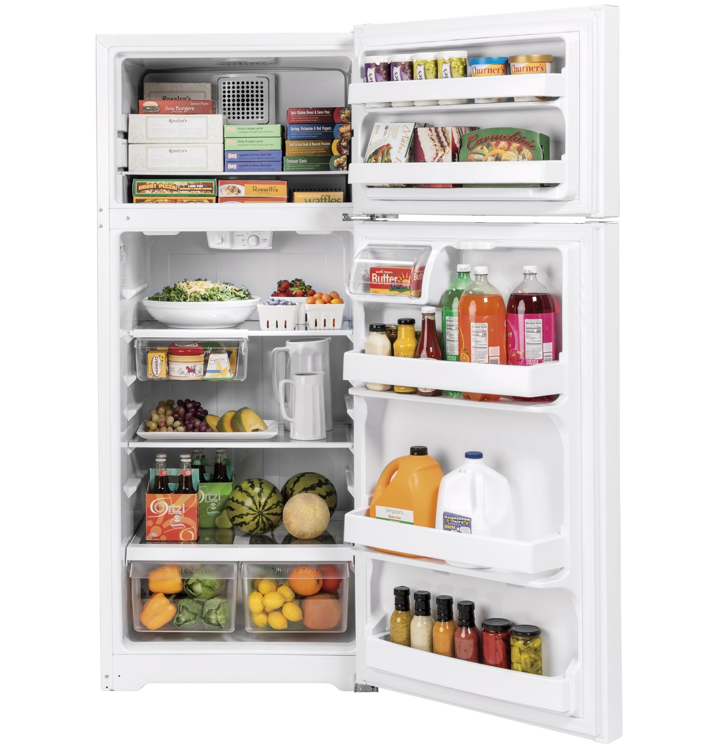 Open white top-freezer refrigerator with organized food and beverages in kitchen appliances and refrigerators collection