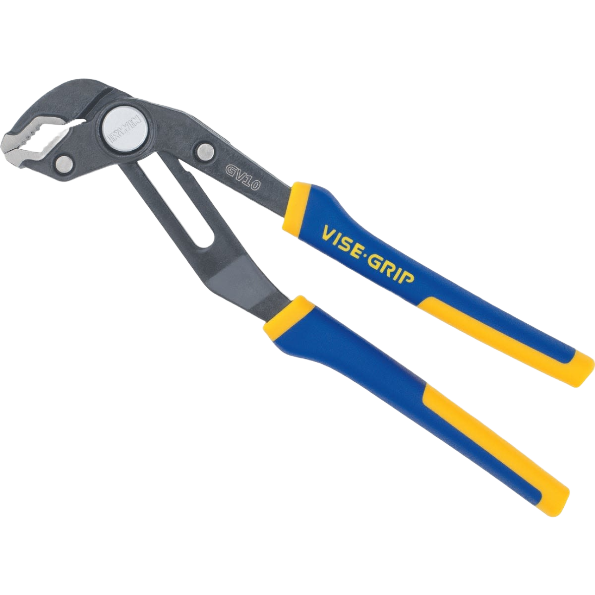 Blue and yellow V-jaw groove joint pliers with adjustable Groovelock for tools and home improvement use