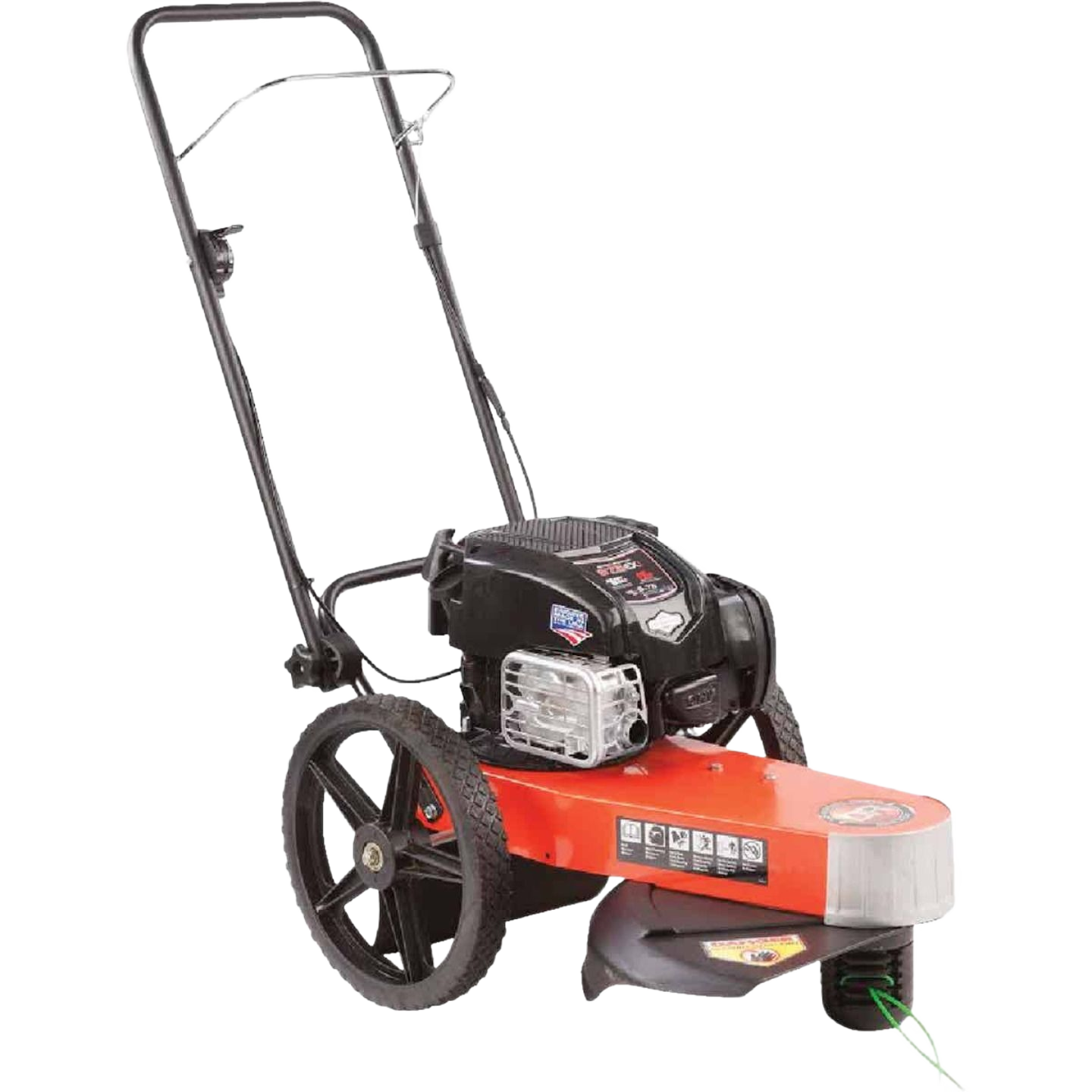 Walk-behind gas trimmer mower with large rear wheels and ergonomic handle for home improvement tasks