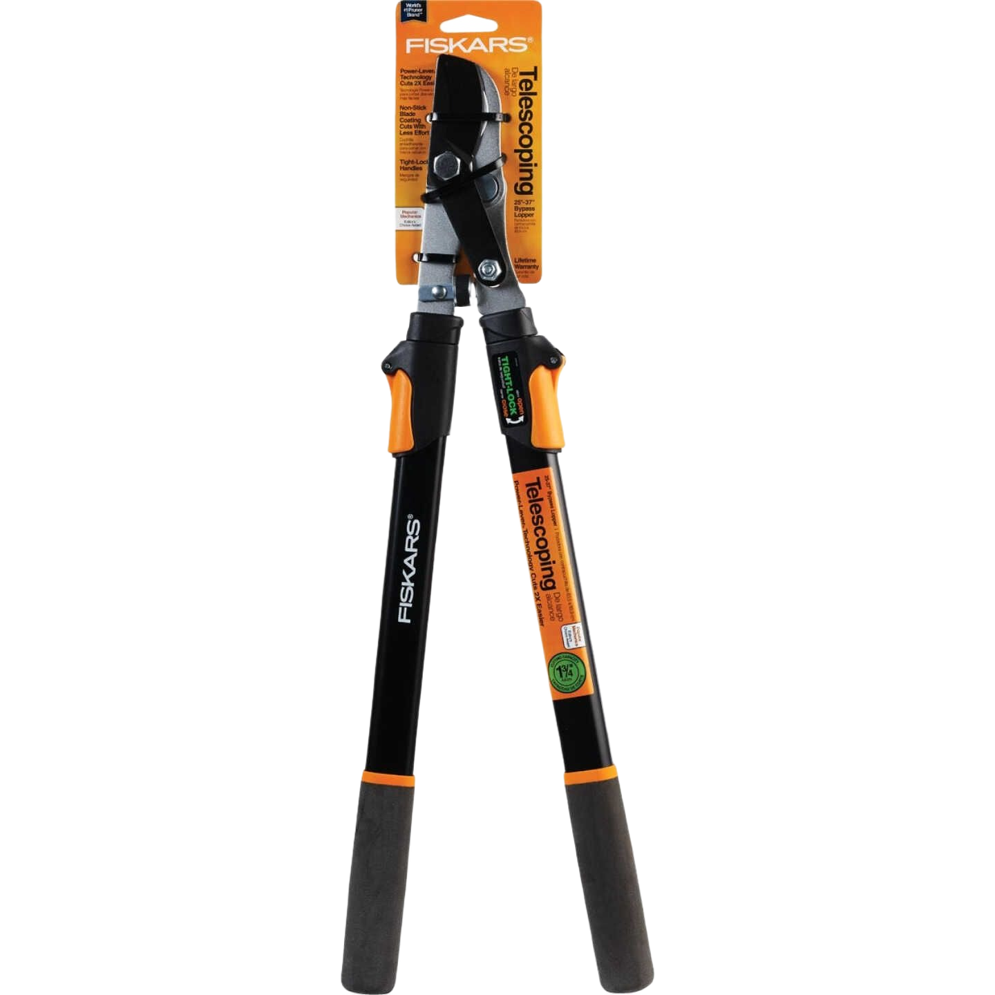 Black and orange telescoping bypass lopper with power-lever design for effective pruning in garden tools and outdoor collections
