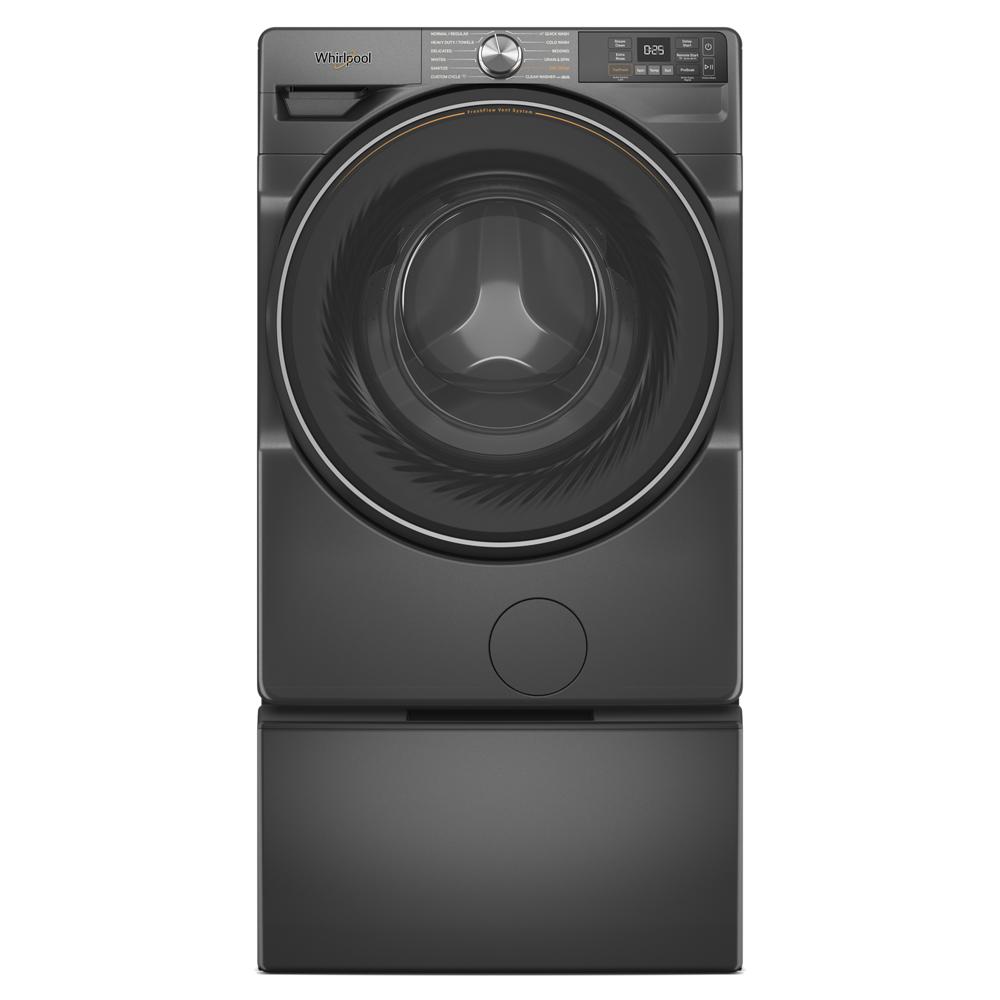 Matte dark gray front load washer with digital display and large door, part of washers and dryers appliance lineup
