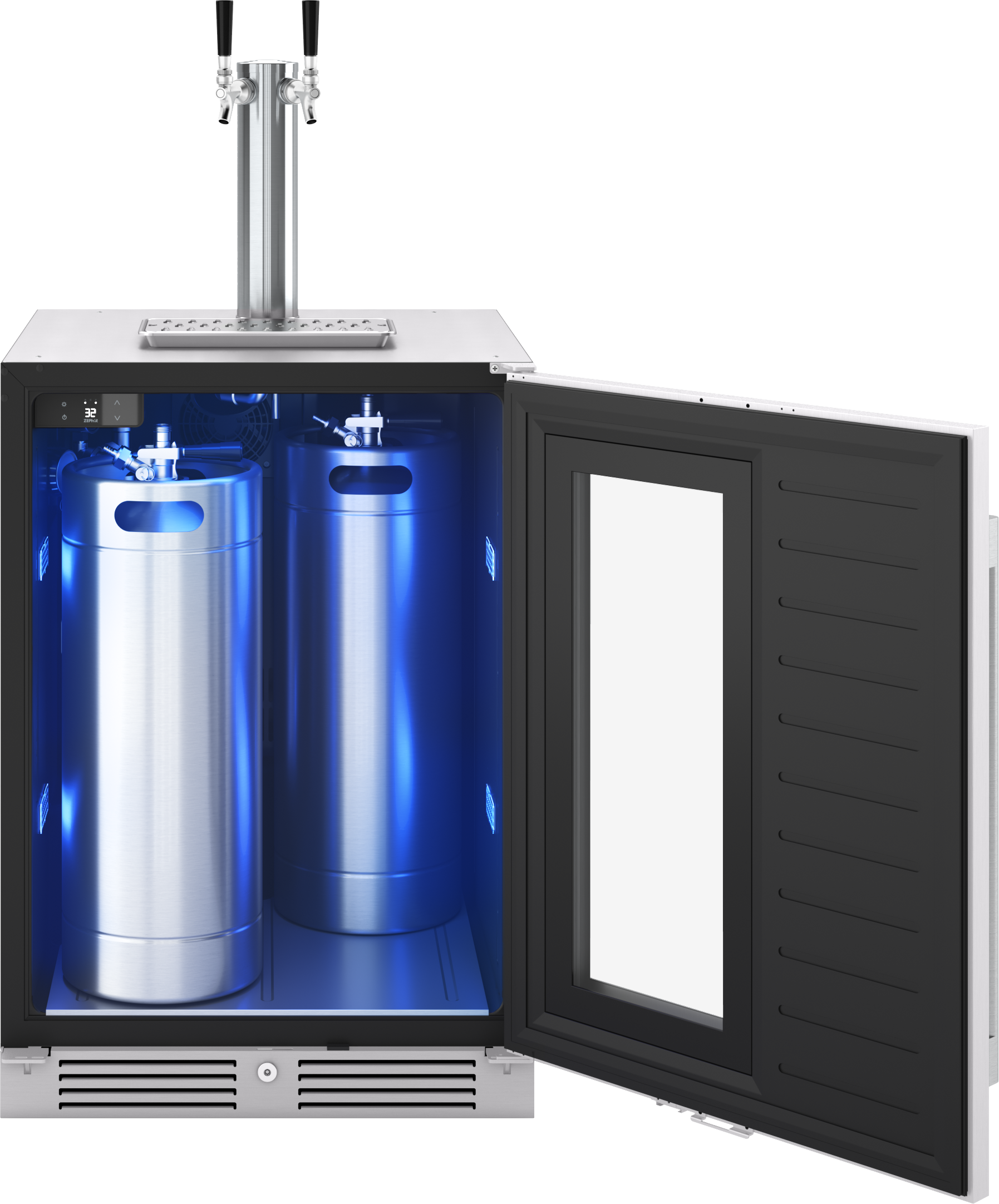 Open stainless steel kegerator with two kegs inside illuminated by blue LED lighting in kitchen appliance setting
