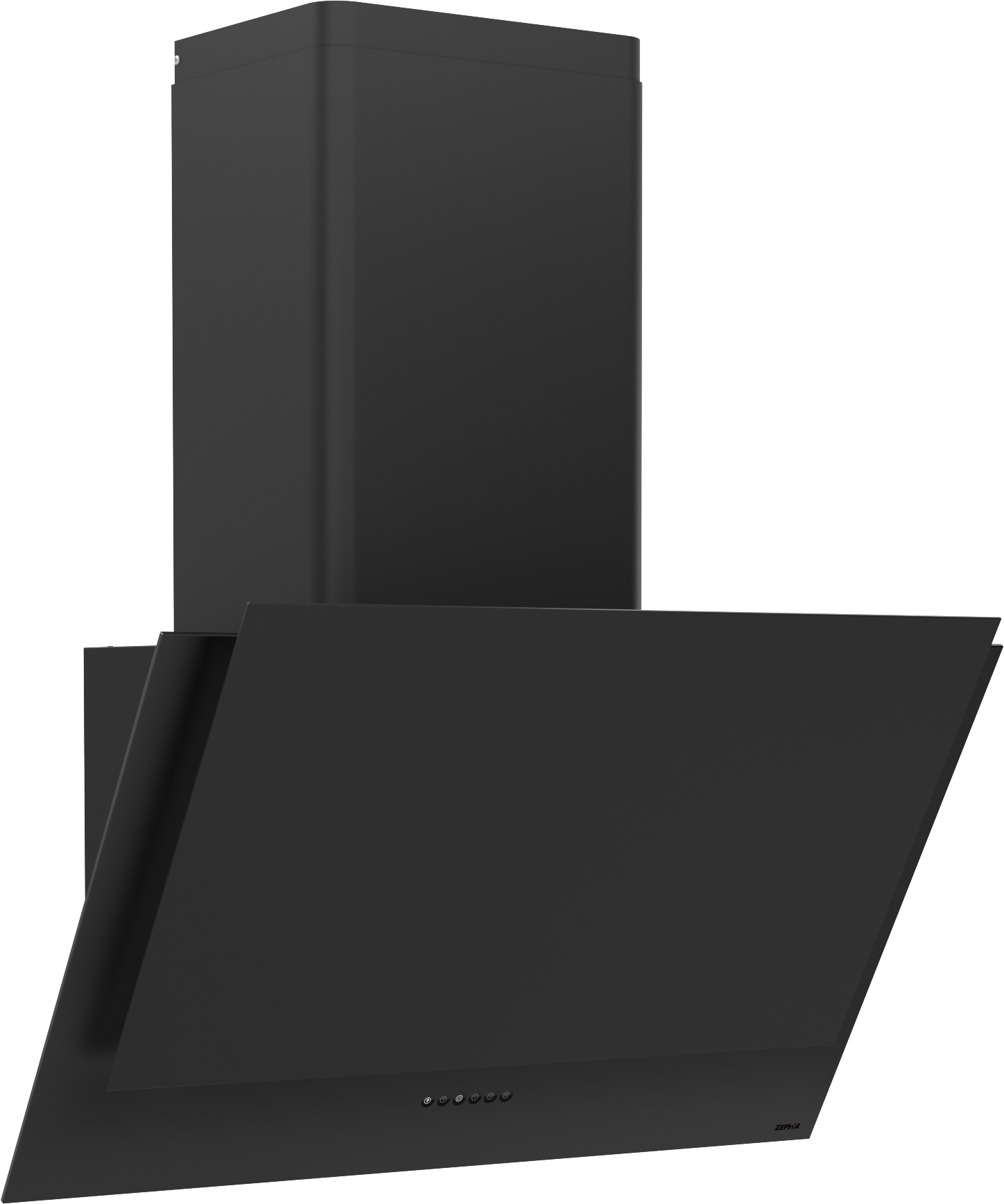 Black wall-mount range hood with angled design, capacitive touch controls, and LED lighting in modern kitchen range hoods.
